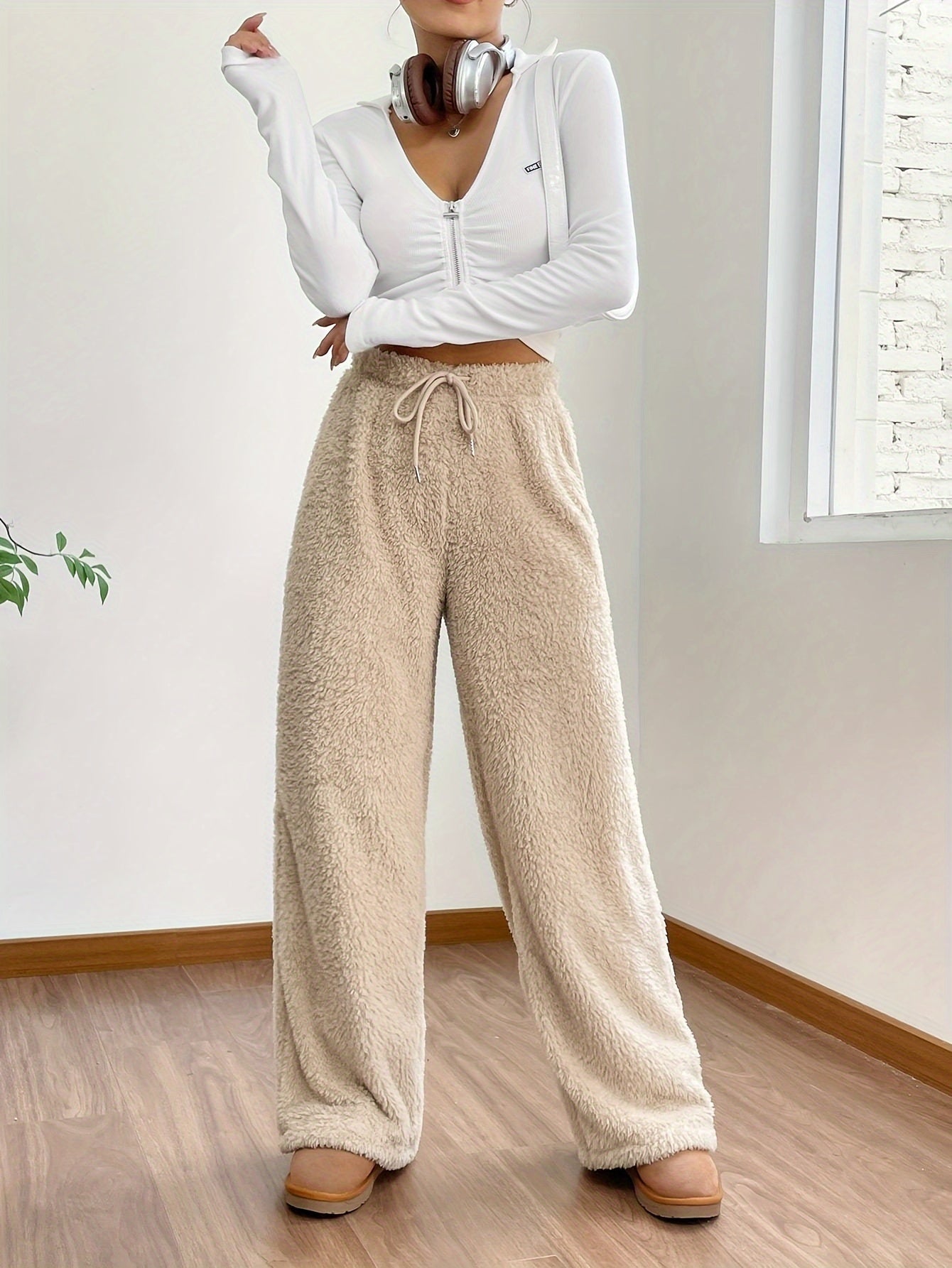 Fluffy Wide Leg Pants with Drawstring