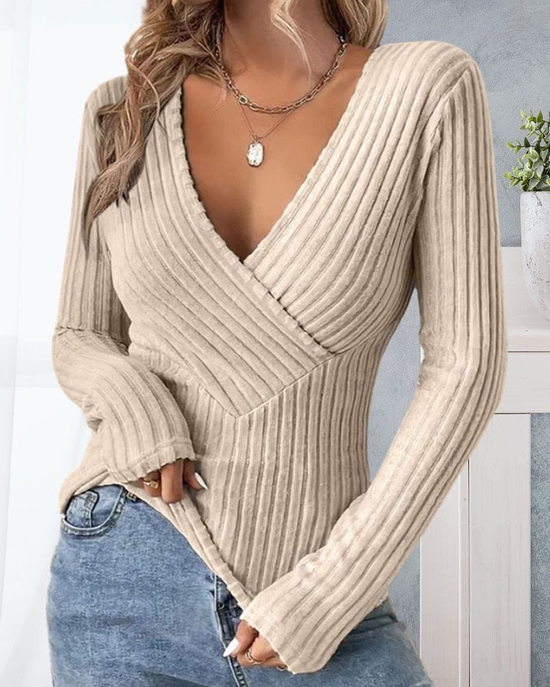 V-Neck Top with Ribbed Texture