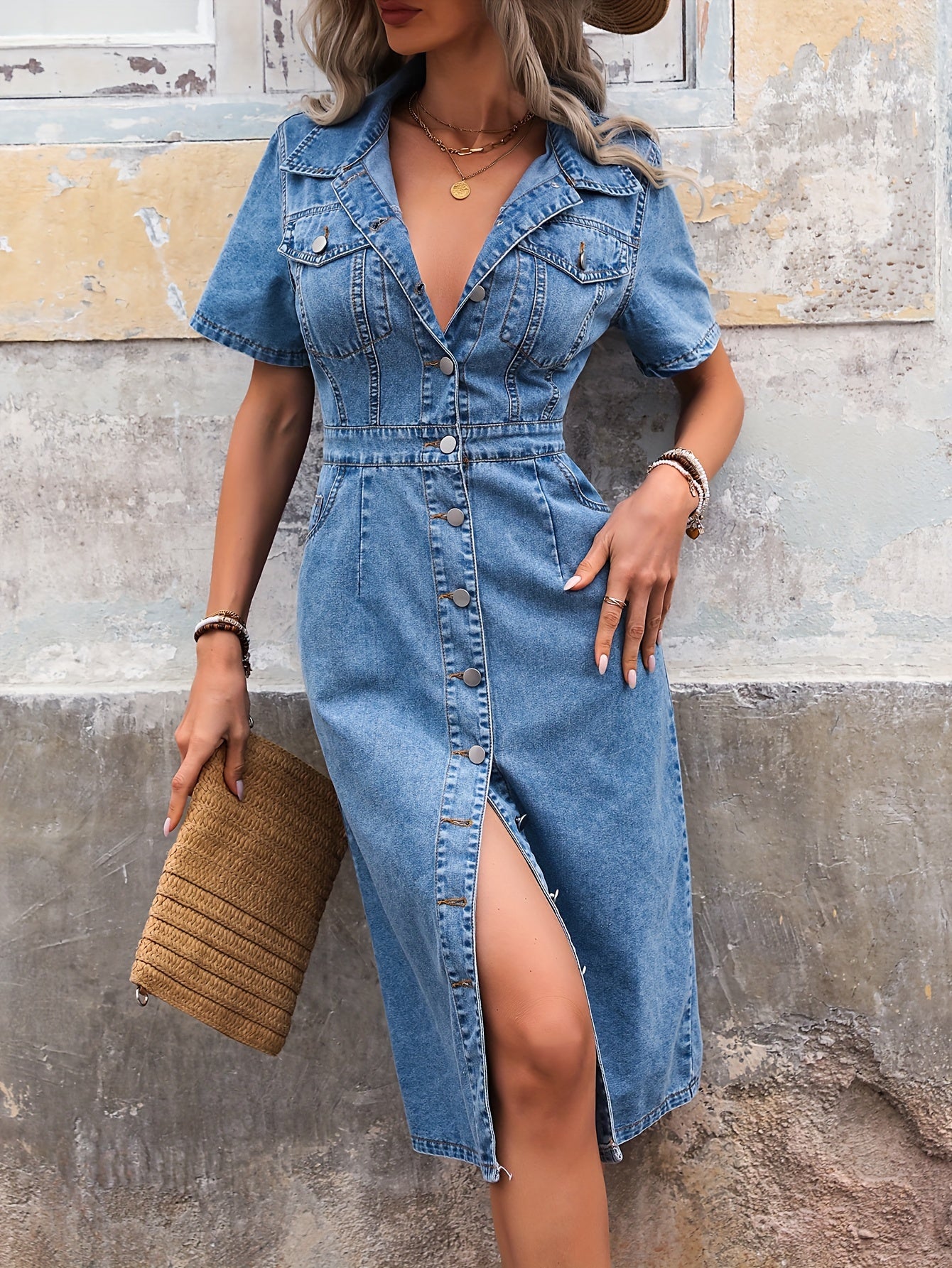 Casual Short Sleeve Mid-Length Denim Dress