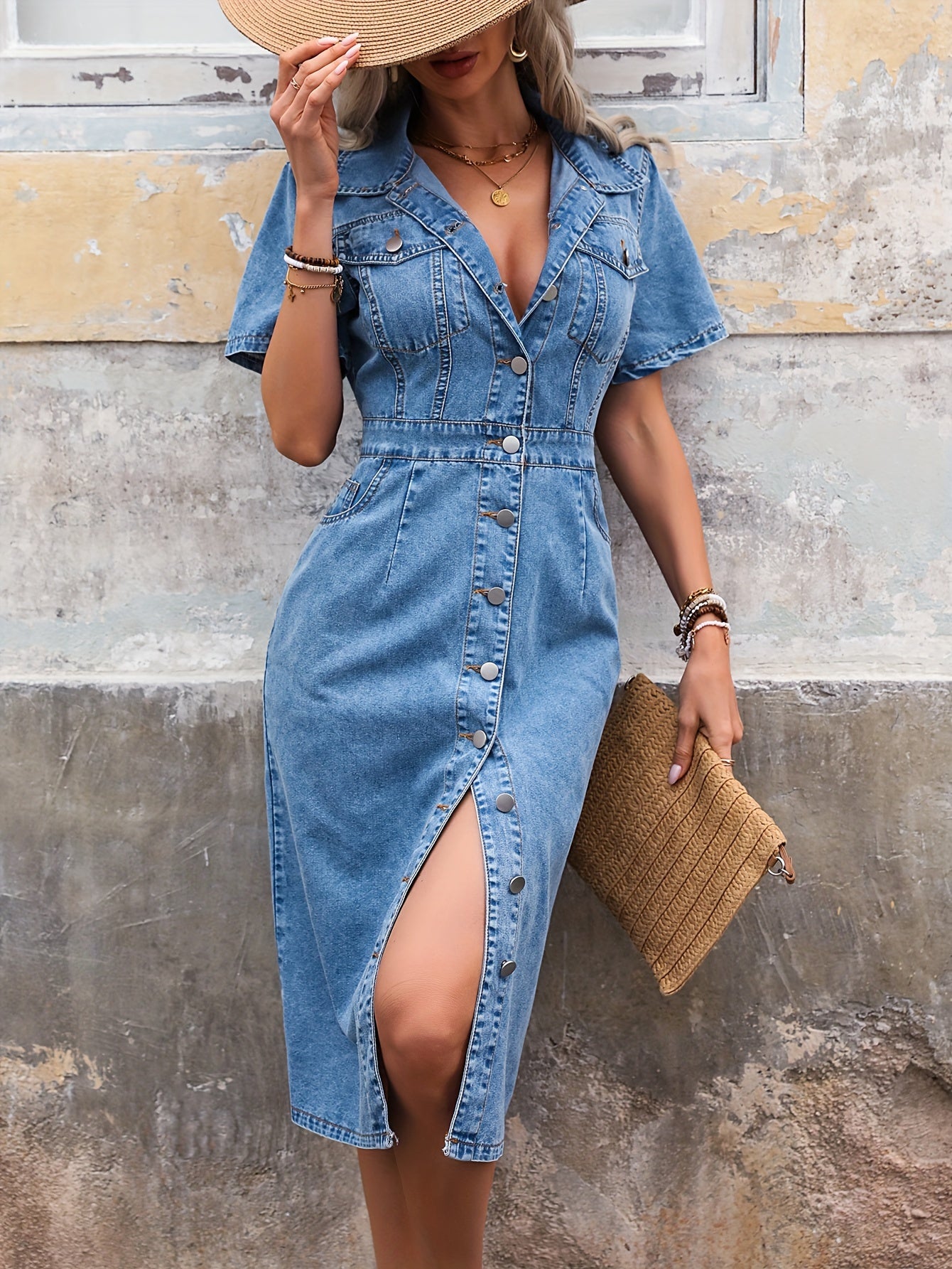 Casual Short Sleeve Mid-Length Denim Dress