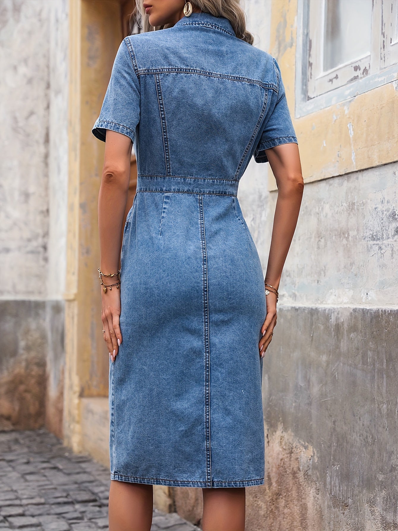 Casual Short Sleeve Mid-Length Denim Dress