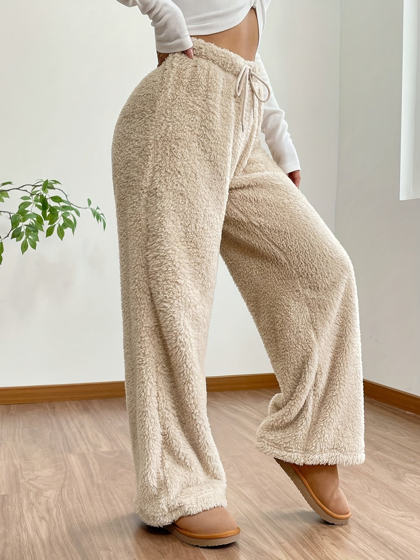 Fluffy Wide Leg Pants with Drawstring